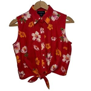 VTG Jones NYC 100% Linen Floral Tropical Beach Summer Tie front Crop Top